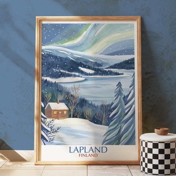Lapland Winter Cabin Art Print Northern Lights Arctic Decor