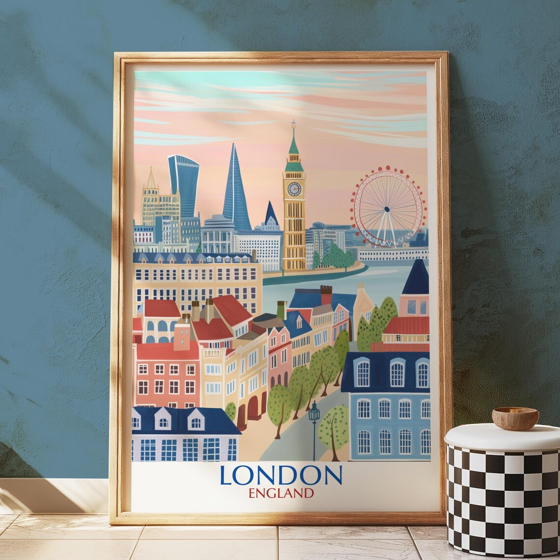 London Vintage Travel Poster, Big Ben and Eye