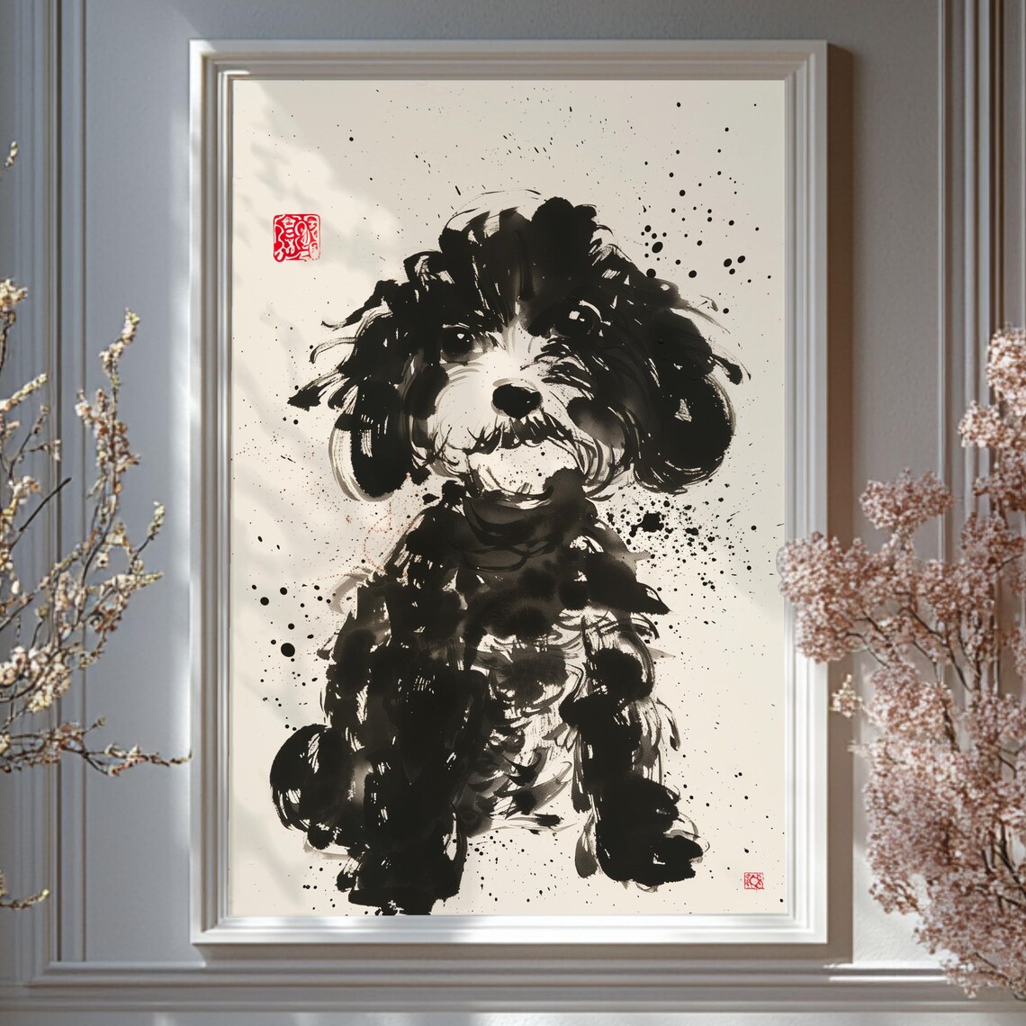 Cavapoo Sumie Style Dog Portrait Art Print