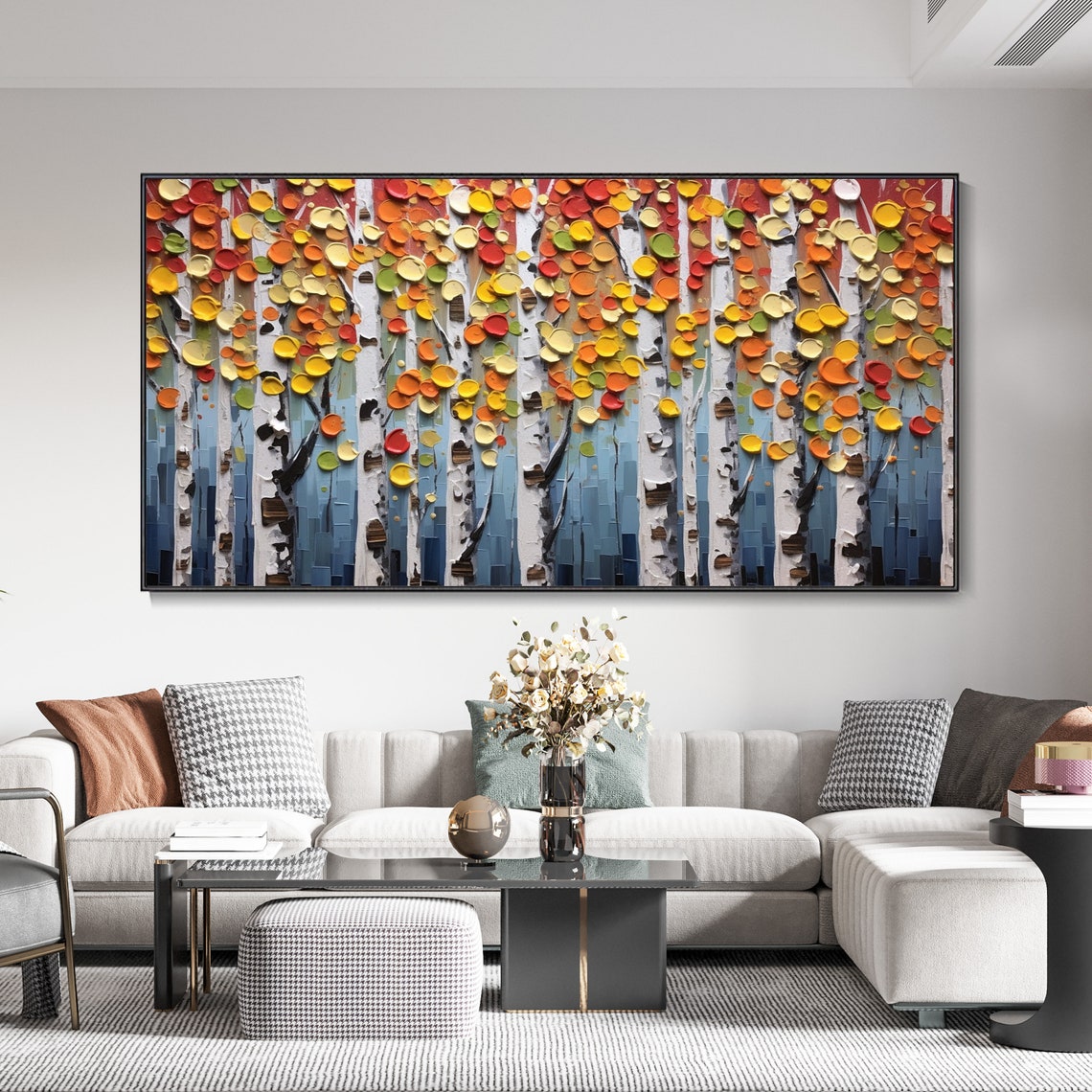 Autumn Birch Forest Red Gold Leaves Textured Warm Impasto Poster - Image 3