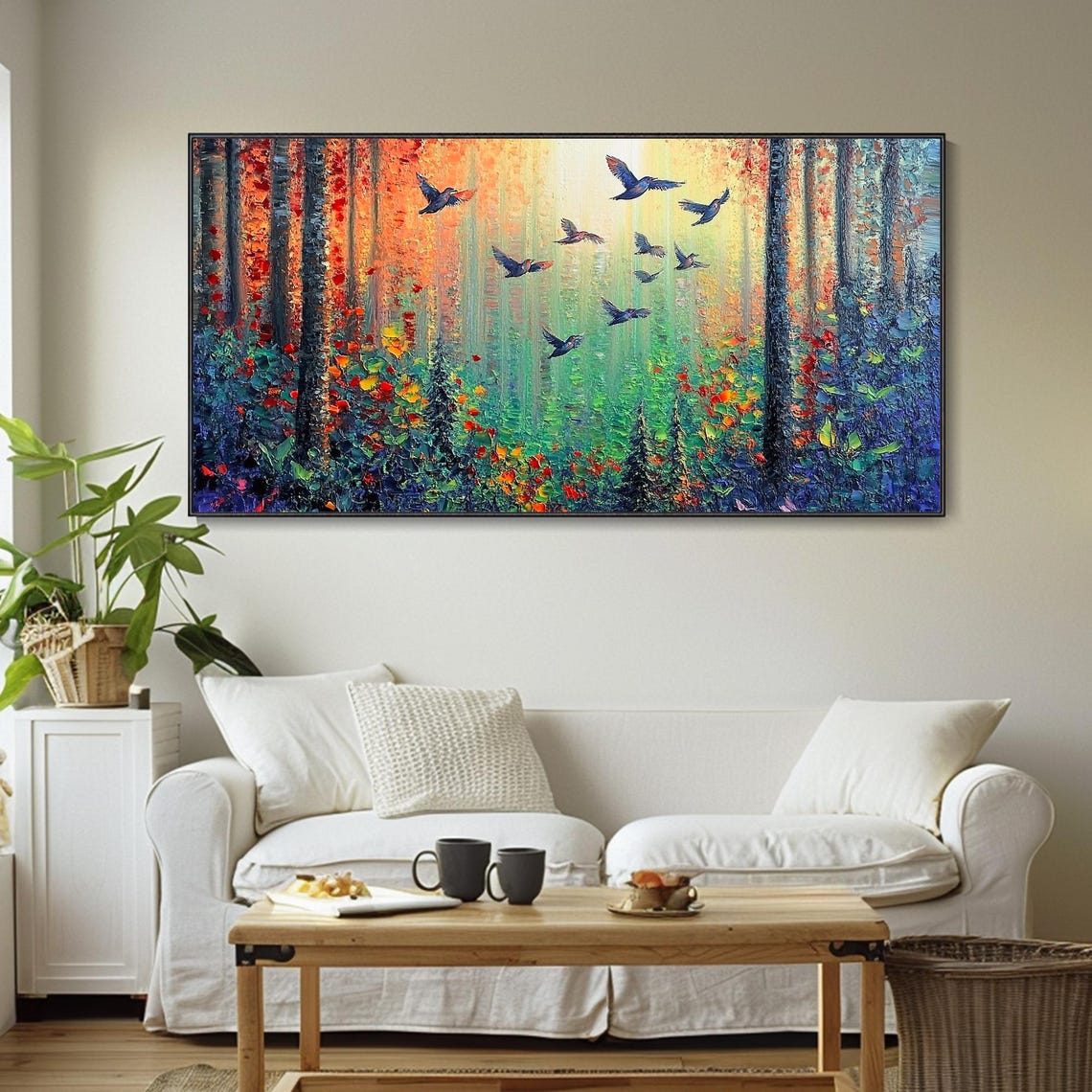 Sunlit Forest Birds Flying Autumn Canopy Impasto Nature Art Poster - Image 3