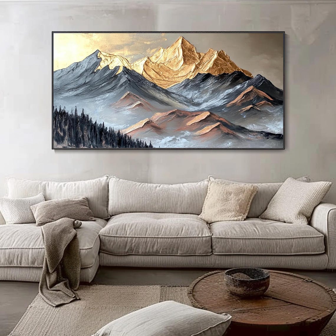 Golden Peak Mountains Misty Forest Ridge Impasto Landscape Art Poster - Image 3