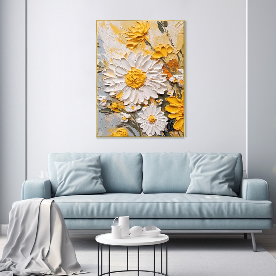 White Daisy Yellow Bloom 3D Floral Impasto Cheerful Modern Poster - Image 3