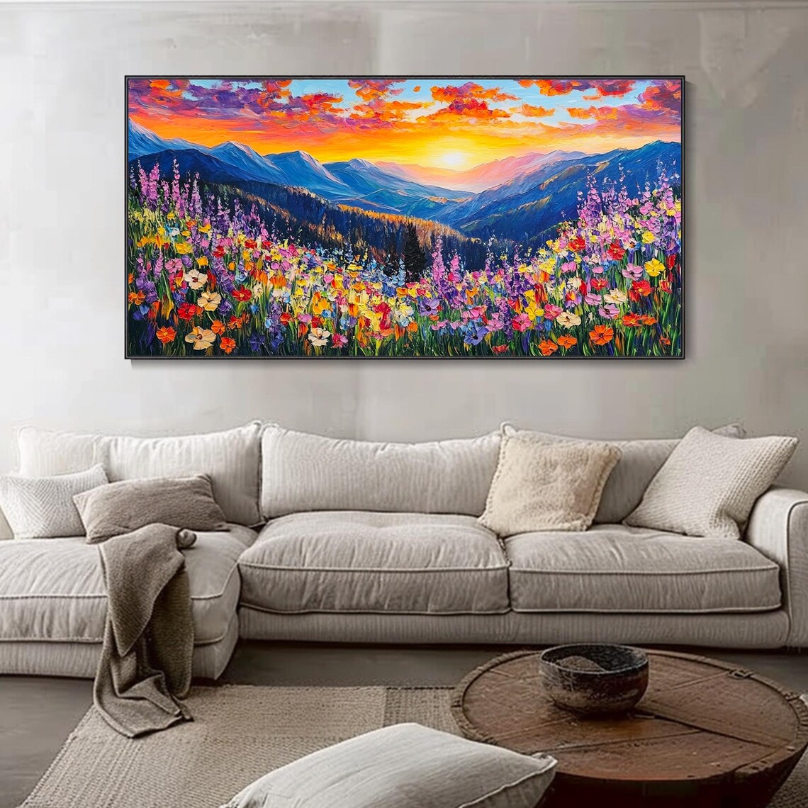 Golden Sunshine Flowers Landscape, Nature Art Print - Image 3