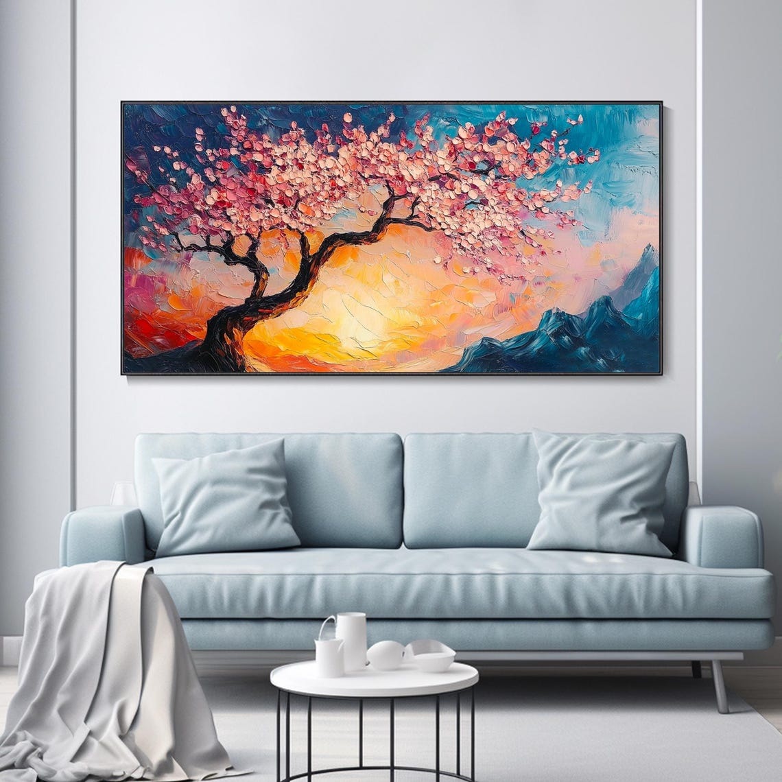 Cherry Blossom Tree Sunset Blue Mountains Impasto Art Poster - Image 3
