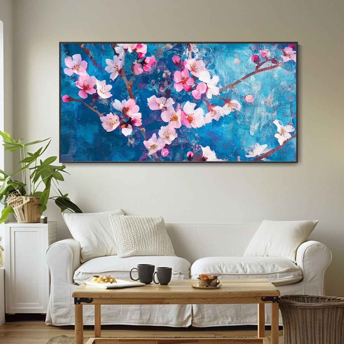 Pink Cherry Blossom Branch Deep Blue Impasto Floral Art Poster - Image 4