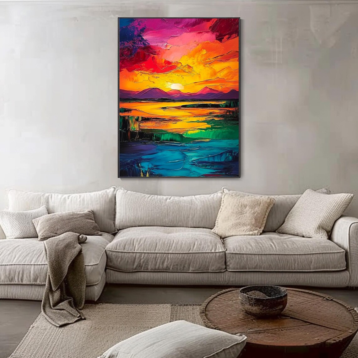 Vibrant Sunset Mountains Over Turquoise Water Abstract Art Poster - Image 4