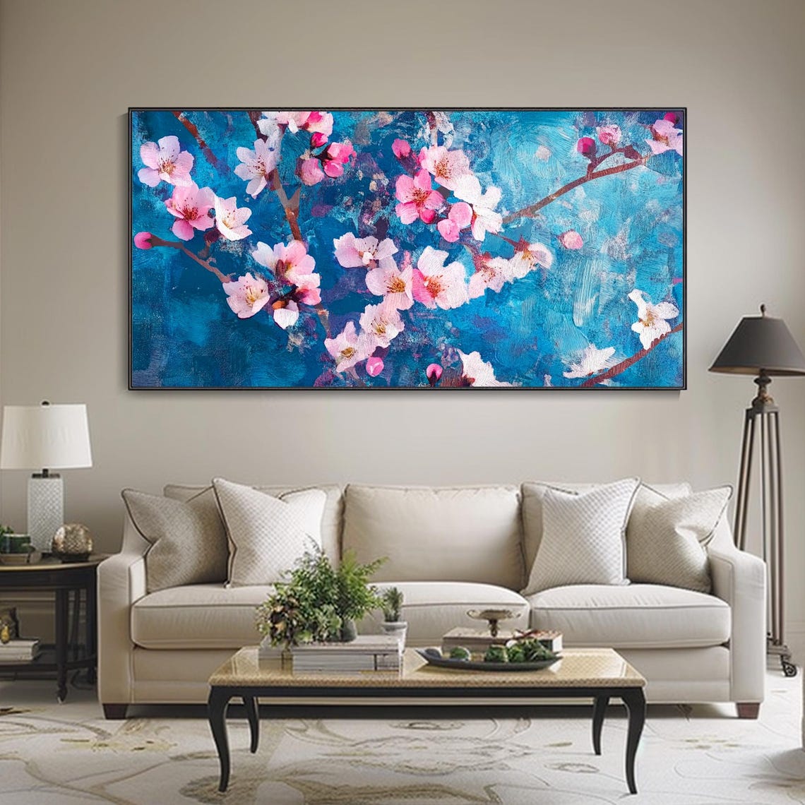 Pink Cherry Blossom Branch Deep Blue Impasto Floral Art Poster - Image 2