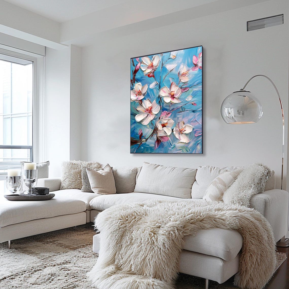 White Blossom Branches Turquoise Blue Impasto Floral Art Poster - Image 2