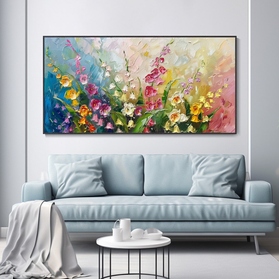 Colorful Wildflower Meadow Blue Gold Background Impasto Art Poster - Image 2