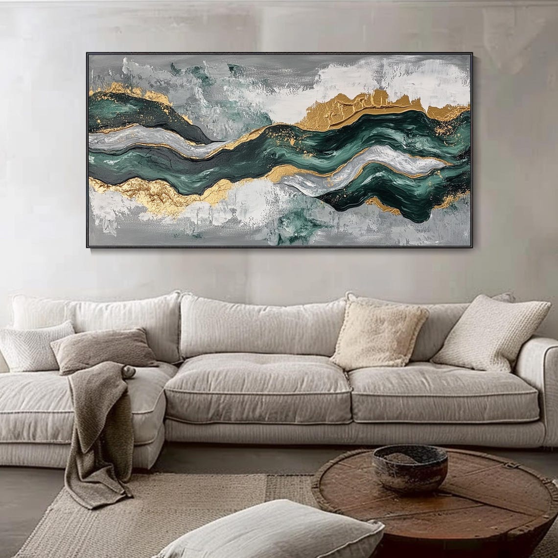 3d Textured Wall Art Green Minimalist Beach Painting Ocean Wave Painting On Wabi Sabi Wall Art Living Room Painting Fashion Decor - Image 4