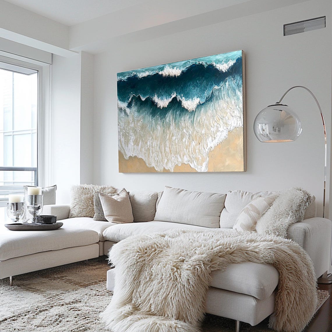 Aerial Ocean Waves Crashing Sand Beach Turquoise Impasto Art Poster - Image 2