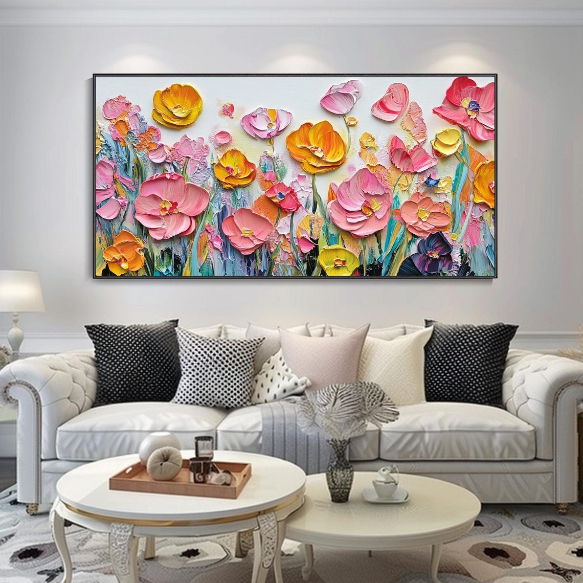 Pink Coral Poppy Flowers Palette Knife White Background Poster - Image 2