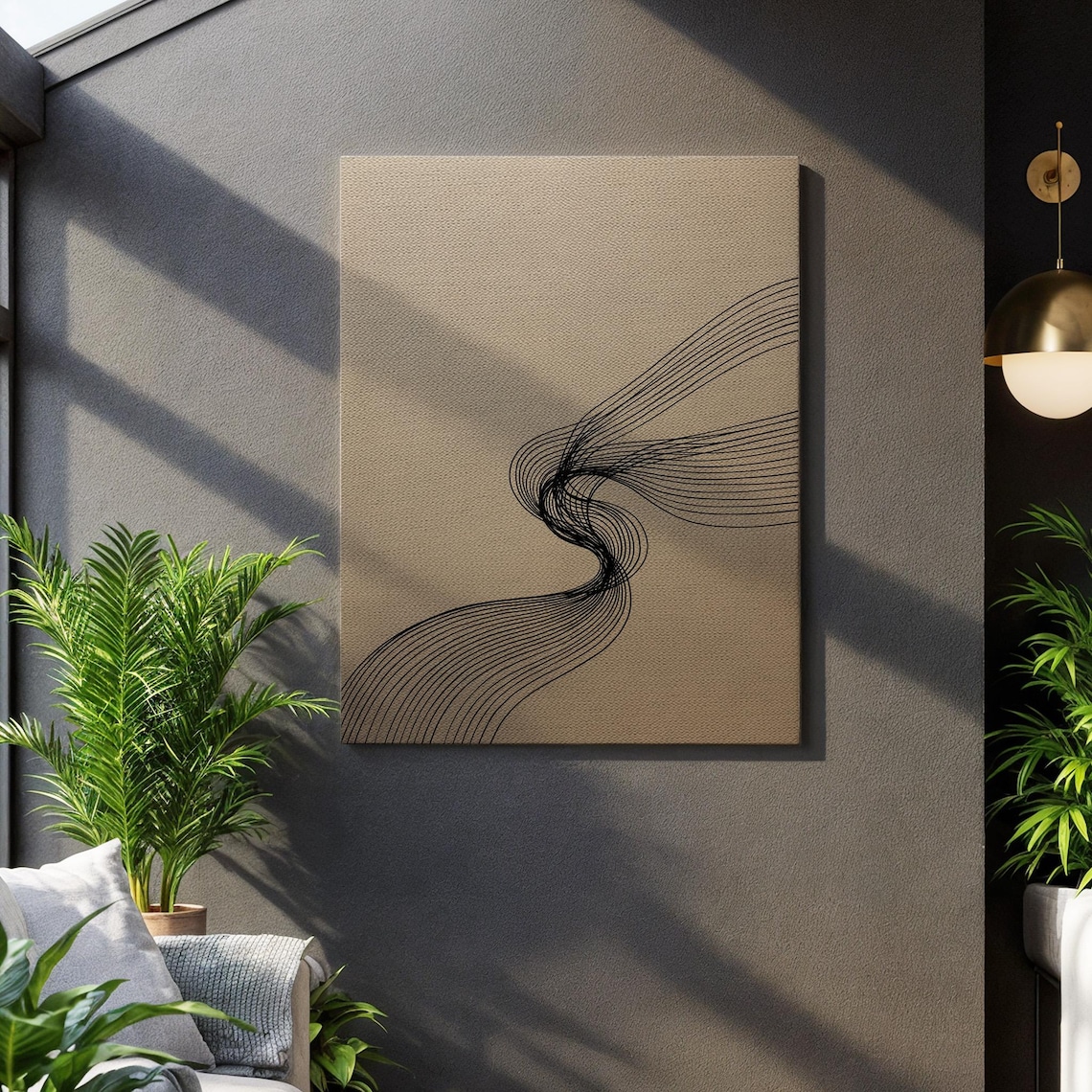 Minimalist Flowing Line Canvas Beige Abstract Geometric Fluid Wave Print