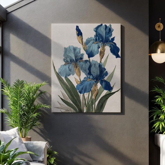 Blue Iris Flower Vintage Botanical Floral Canvas Elegant Wall Art
