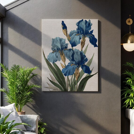 Blue Iris Flower Wall Art Vintage Botanical Canvas Print Elegant Floral Artwork Garden Inspired Decor Plant Poster