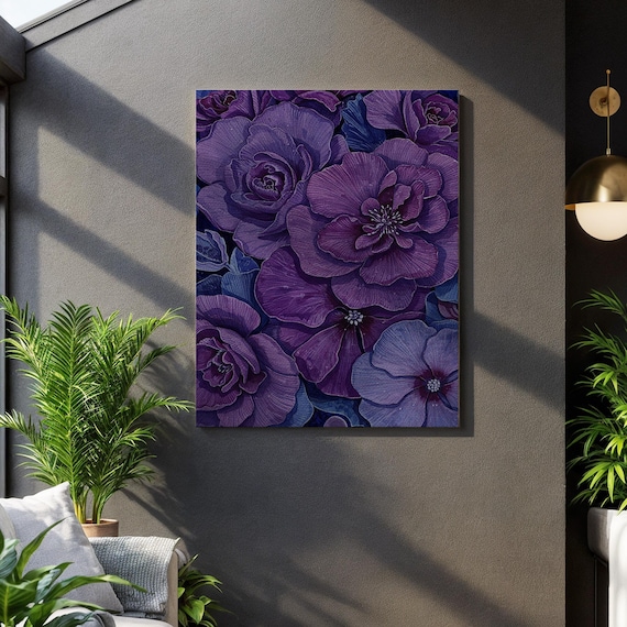 Purple Floral Canvas Wall Art Romantic Botanical Bloom Print In Violet Tones Textured Flower Illustration Framed Elegant Home Decor