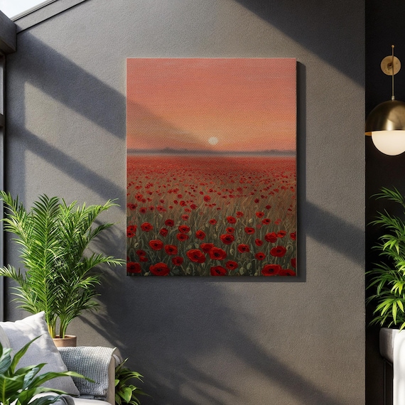 Red Poppy Field At Sunset Landscape Canvas Wall Art For Calm Homes