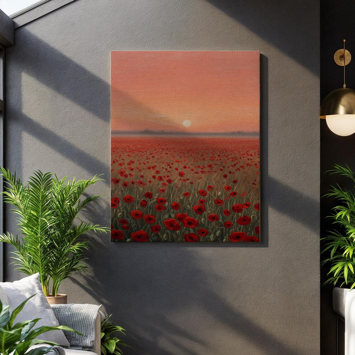 Red Poppy Field At Sunset Landscape Canvas Wall Art For Calm Homes