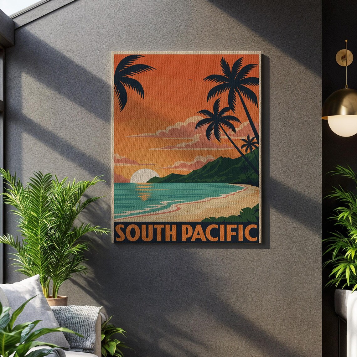 South Pacific Retro Travel Poster, Tropical Beach Sunset