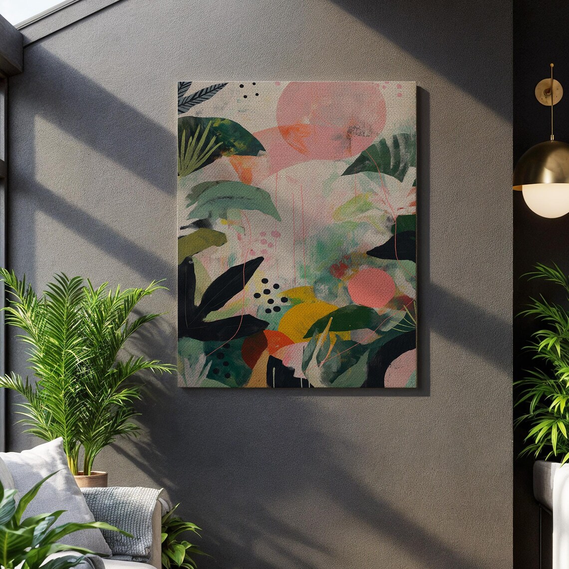 Abstract Tropical Jungle Pink Sun Poster Green Leaf Watercolor Modern Botanical Art