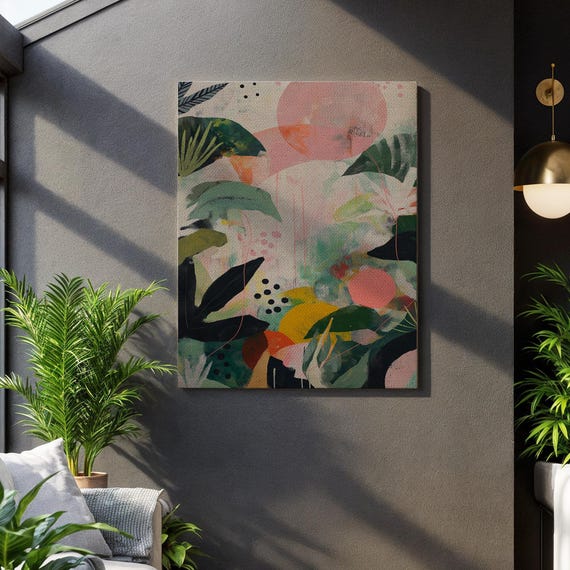Abstract Tropical Jungle Wall Art Pink Sun And Green Leaf Canvas Colorful Botanical Print For Boho Interiors Modern Nature Room Decor
