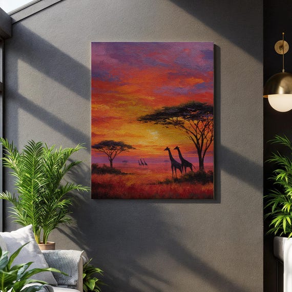 Sunset Giraffe Silhouette Serene Savannah Horizon Framed Wildlife Panorama Majestic Animal Scene Safari Home Decor Vibrant Sky Painting