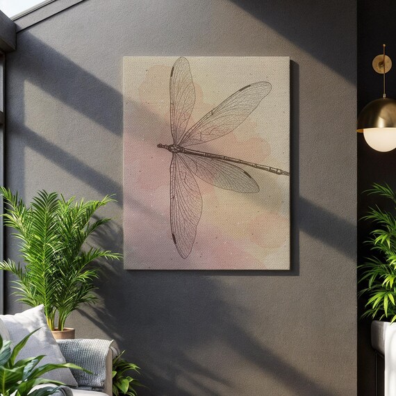 Dragonfly Line Art Canvas Wall Decor Detailed Insect Illustration With Soft Watercolor Background Modern Framed Nature Artwork For Home