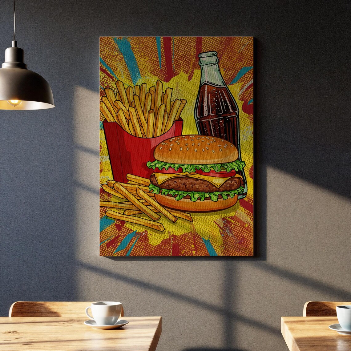 Vibrant Pop Art Burger Fries and Cola Retro Kitchen Diner Poster