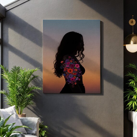 Feminine Silhouette Blooming Flowers Sunset Gradient Empowerment Art Poster