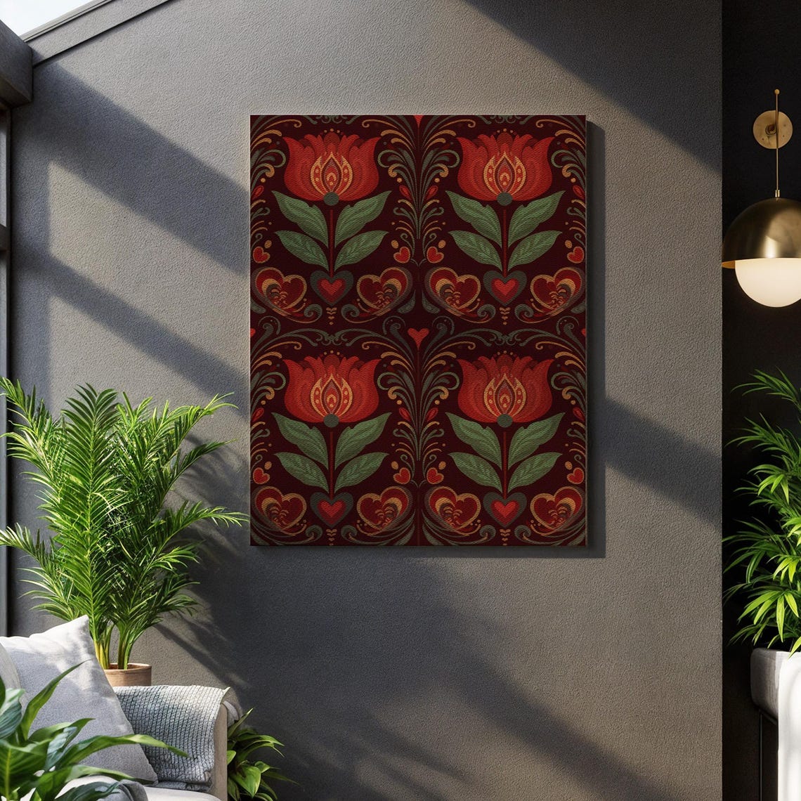 Red Tulip Folk Pattern Dark Burgundy Scandinavian Art Poster