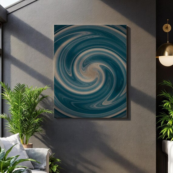 Teal Blue Marble Swirl Abstract Ocean Wave Motion Canvas Wall Art