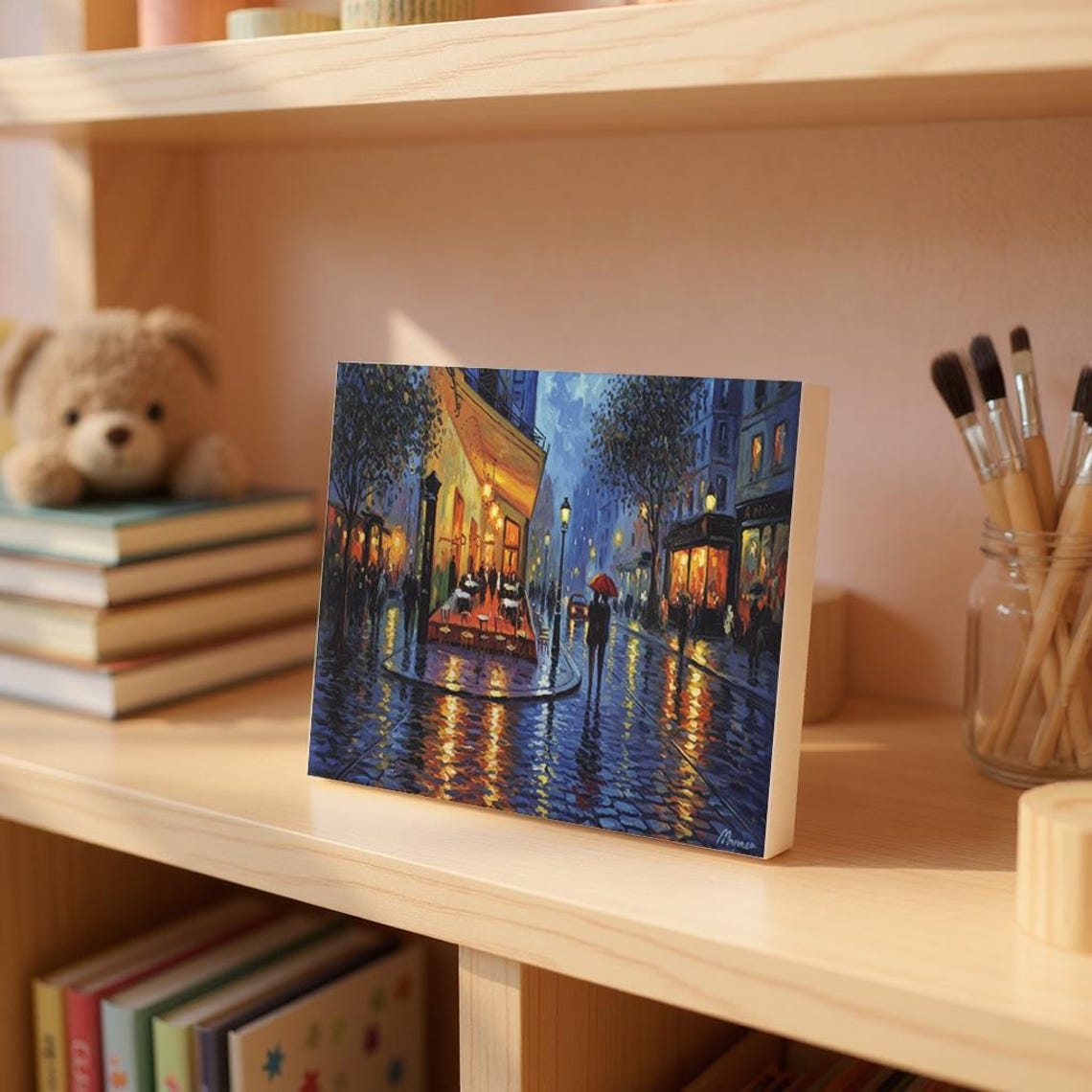 Paris Rainy Night Cafe Street Impressionist Umbrella Art Poster
