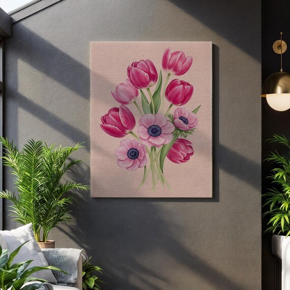 Pink Tulip And Anemone Bouquet Canvas Wall Art Elegant Botanical Flower Print Framed Gift For Floral Lovers Romantic Home Decor