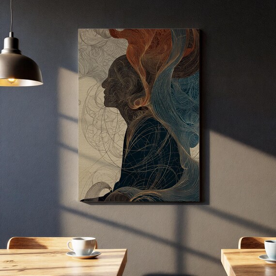 Abstract Woman Portrait Continuous Line Art Framed Spiritual Decor Gold And Blue Canvas Modern Female Figurefemale Zen Wall