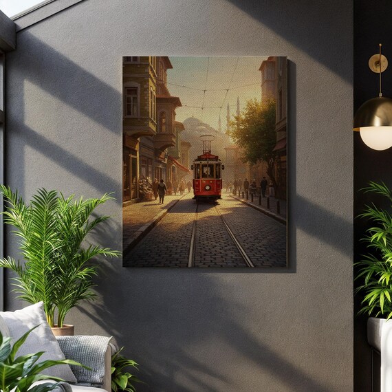 Istanbul Tram Canvas Wall Art Vintage Red Streetcar On Historic Street Framed Cityscape Painting For Travel And Architecture Lovers