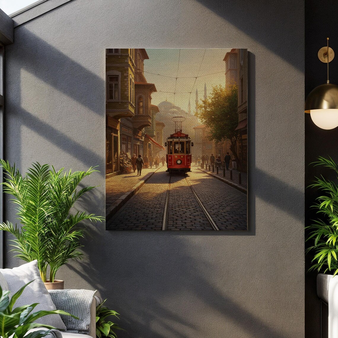 Istanbul Vintage Red Tram Cobblestone Street Golden Hour Wall Print