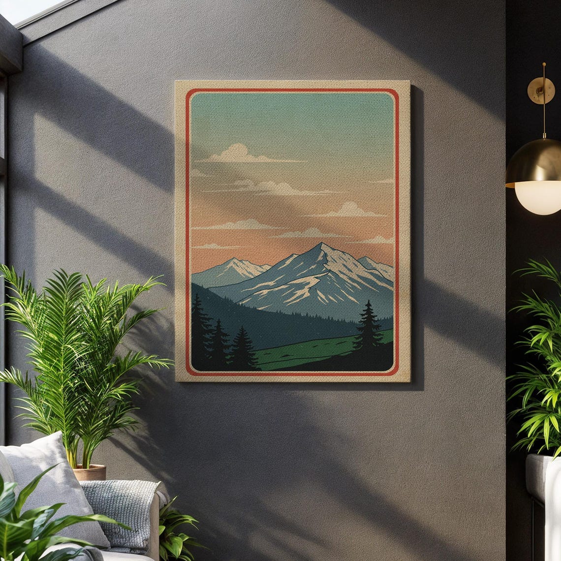 Retro Snowy Mountain Peaks Pine Forest Vintage Adventure Canvas Poster
