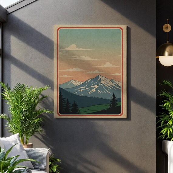 Retro Snowy Mountain Peaks Pine Forest Vintage Adventure Canvas Poster