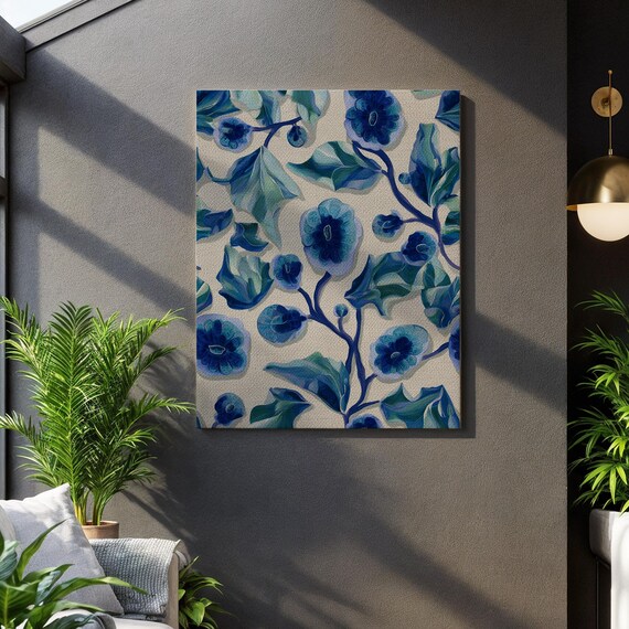 Blue Botanical Wall Art Modern Floral Canvas Print Navy Green Leaf Decor Nature Inspired Artwork Boho Home Accent