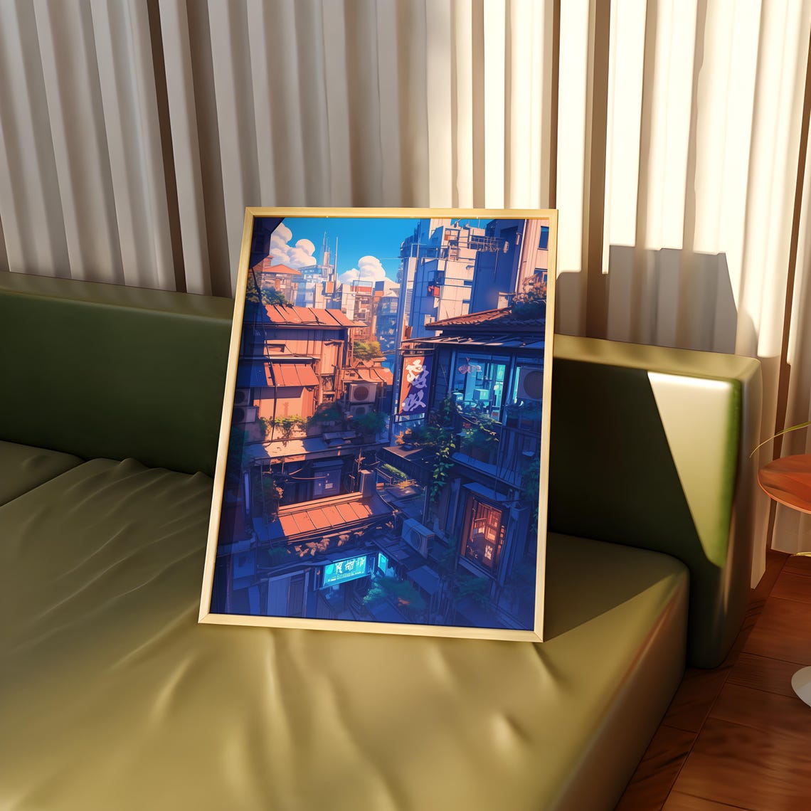 Sunlit Tokyo Street Scene With Red Bus Anime City View Poster - Image 3