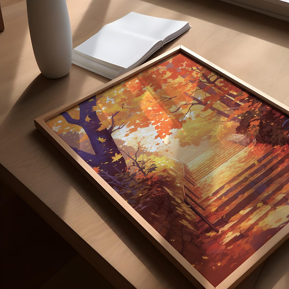 Autumn Maple Forest Stone Staircase Falling Leaves Glow Poster - Image 3
