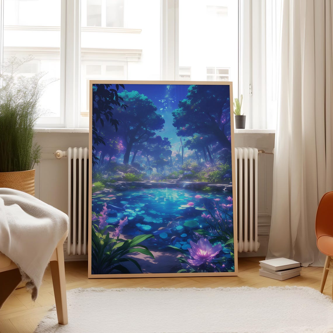 Mystical Glowing Blue Forest Pond at Night With Lily Flowers Poster - Image 4
