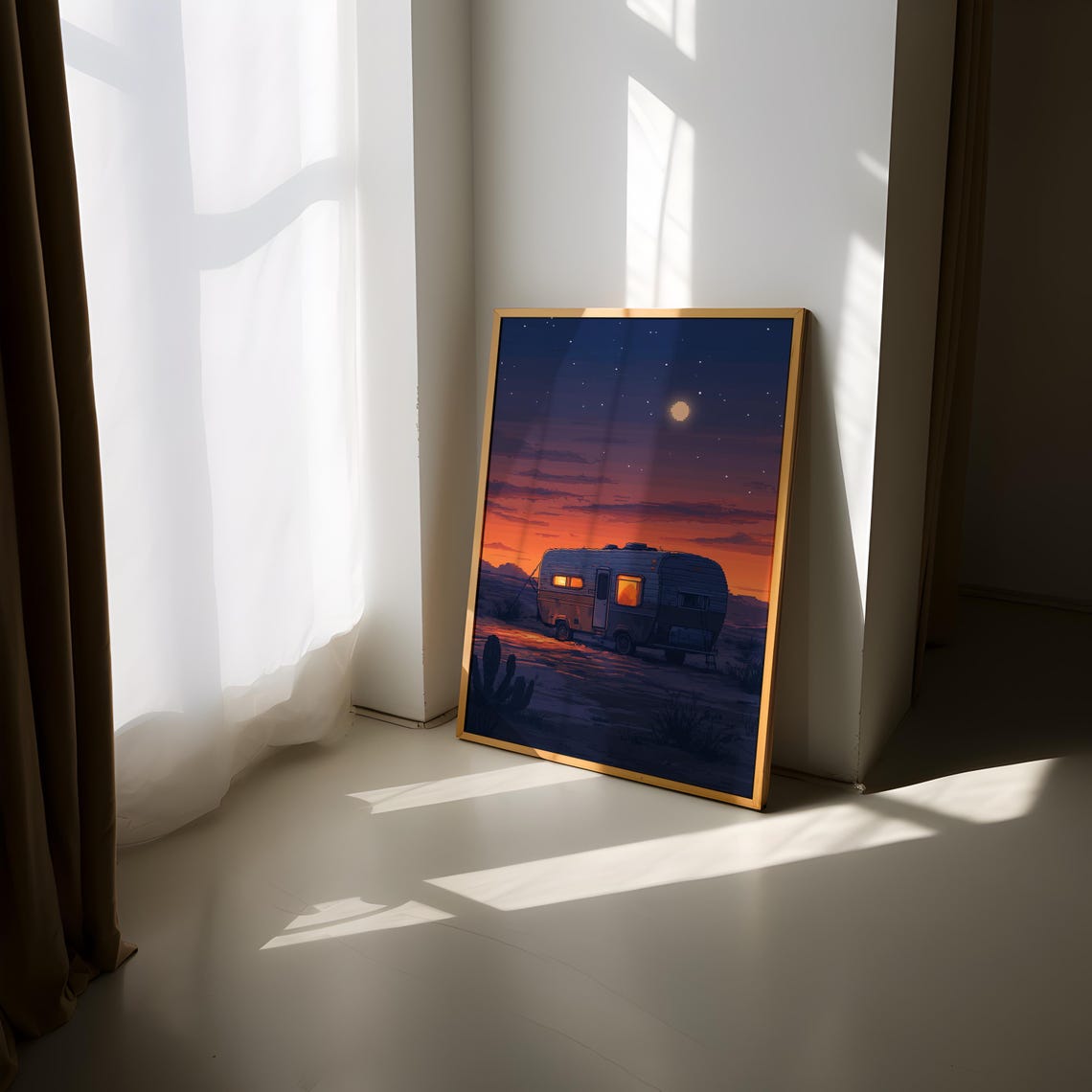 Pixel Art Desert Camper Van Sunset Night Sky Camping Adventure Poster - Image 2