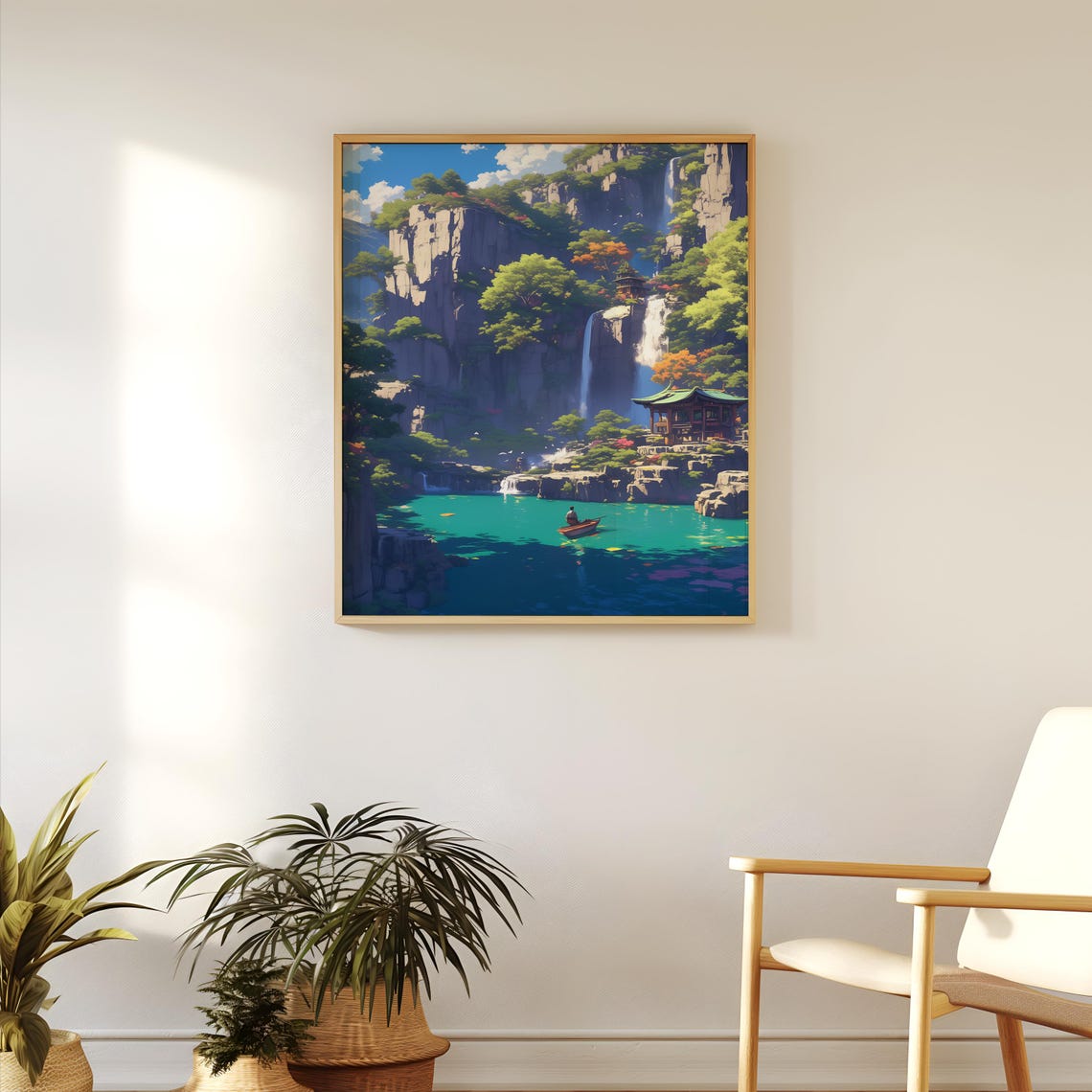 Anime Cliffside Waterfall Pavilion Turquoise Lake Boat Poster - Image 2