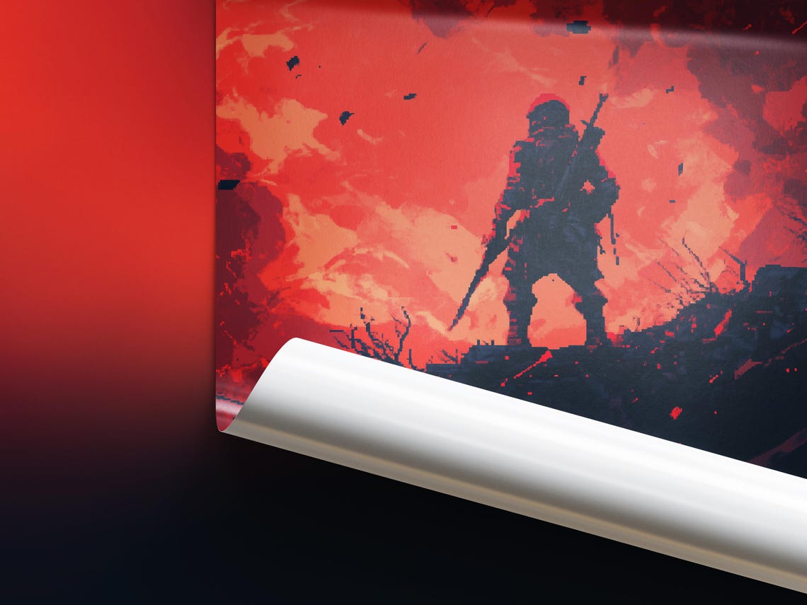 Pixel Art Warrior Red Sky Apocalyptic Soldier Silhouette Art Poster - Image 4