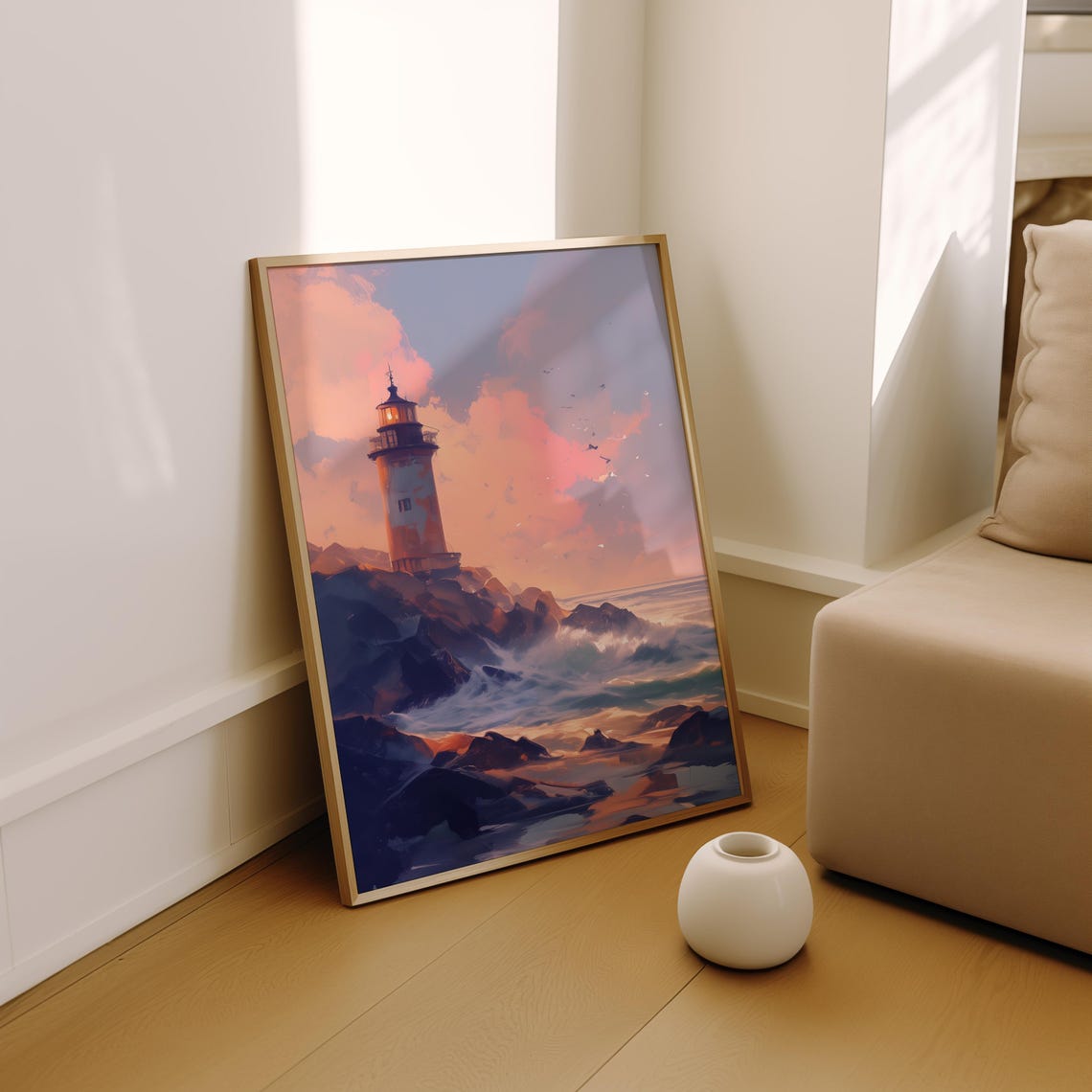 Anime Lighthouse Rocky Coast Sunset Pastel Clouds Seascape Poster - Image 2