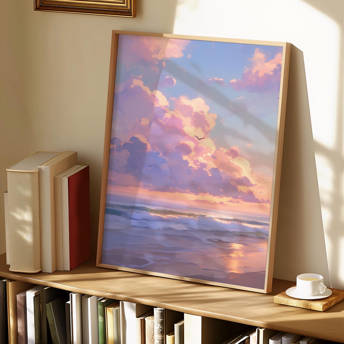 Pastel Beach Sunset Pink Clouds Serene Ocean Waves Shore Poster - Image 2