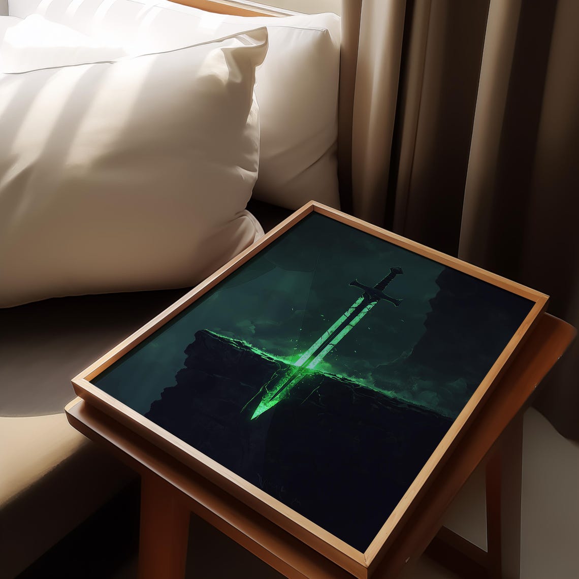 Fantasy Glowing Green Sword Dark Cliff Magic Ancient Blade Art Poster - Image 4