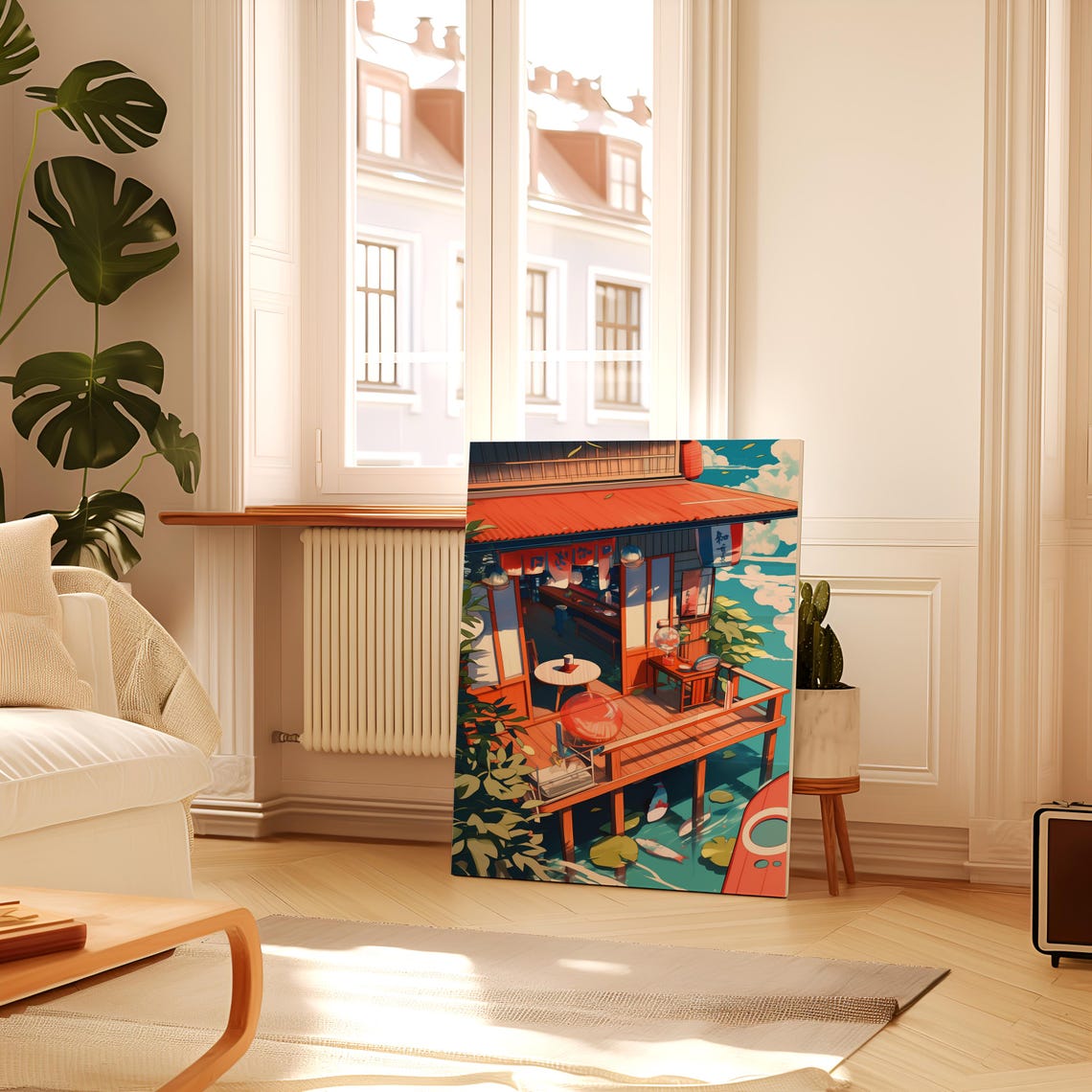 Charming Japanese Cafe on Wooden Stilts Over Koi Pond Anime Poster - Image 2